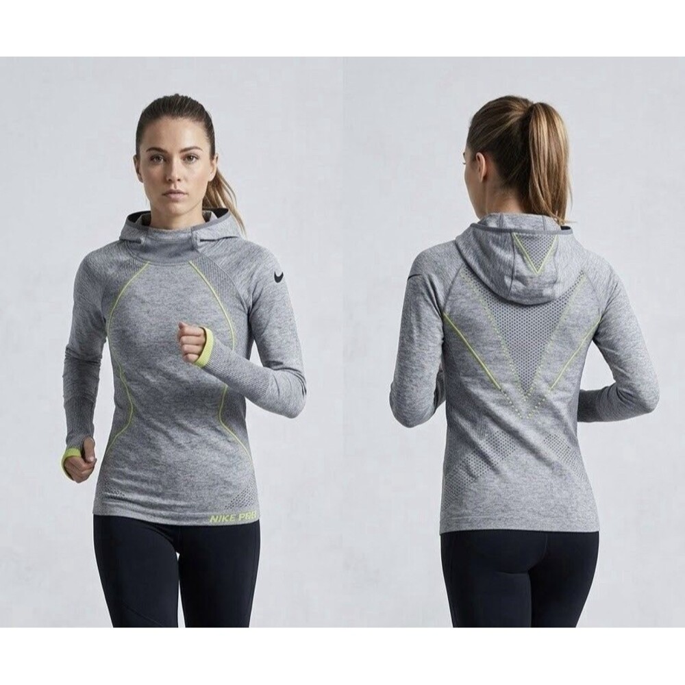 Nike Pro Womens Small Gray Seamless Hoodie Long Sleeve Running Shirt Volt Trim S